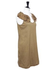 Khaki brown cotton shirt dress with silk-blend pleated ruffles Retail price €900 Size XS