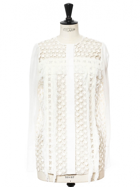 Top chemise en mousseline, franges et dentelle crochet blanc neige NEUVE Prix boutique 1030€