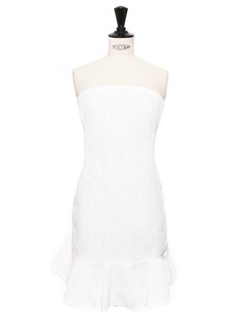 Crisp white textured ruffled strapless cocktail dress Retail price €1200 Size 36