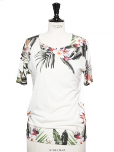 T-shirt manches courtes blanc imprimé tropical Taille S/M