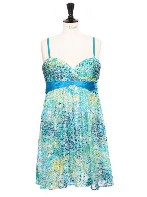 Gold blue yellow and green printed silk strapless evening dress NEW Retail price €385 Size 38