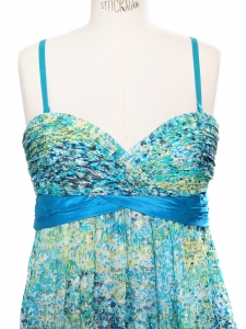 Gold blue yellow and green printed silk strapless evening dress NEW Retail price €385 Size 38