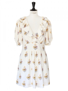 Floral printed ecru silk crêpe short sleeves décolleté dress Retail price €1200 Size 36/38