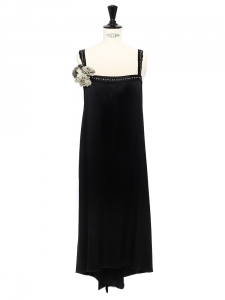 Black silk satin dress embellished with Swaroski crystals and silk flower Retail price €2000 Size 38