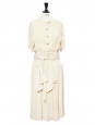 Beige silk crepe pleated dress with gold buttons Size 38