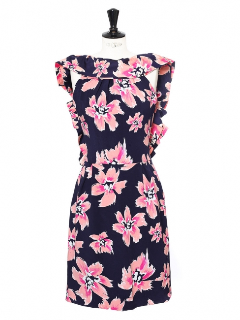 Pink and midnight blue silk open back ruffled Cocktail dress Retail price €2500 Size 40