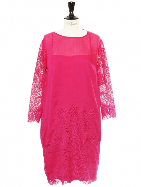 Fuchsia pink silk, cotton and lace sheath dress Retail price €1000 Size 38