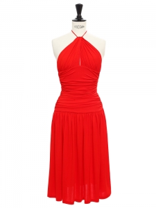 Lipstick red stretch jersey open back draped dress Retail price €1500 Size 34/36