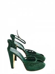 Green suede peep-toe d'orsay gold heel sandals Retail price €700 Sz 39