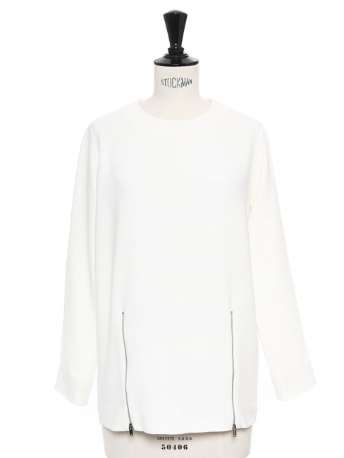 Top blouse en crêpe blanc ivoire et zip argent Prix boutique 500€ Taille 34/36