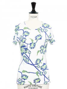 Blue, neon green and white floral printed jersey t-shirt Size S