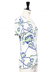 T-shirt manches courtes imprimé fleuri bleu, vert et blanc Taille S