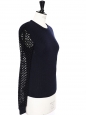 Pull en laine mérinos bleu nuit et manches dentelle crochet Prix boutique 850€ Taille S