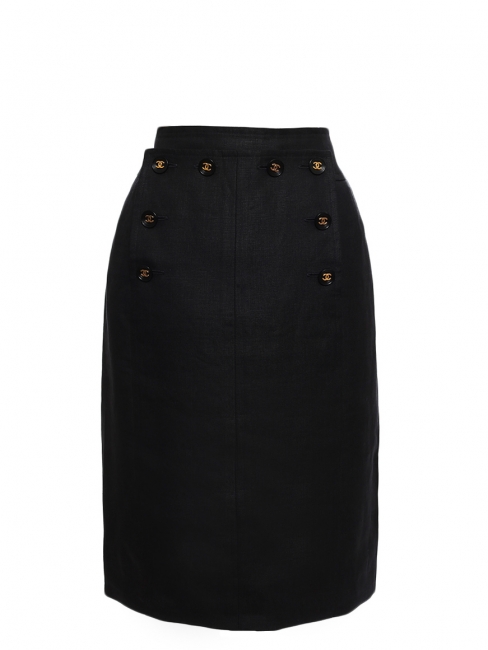 High waist black linen sailor skirt with gold buttons Retail price €1800 Size XS/S