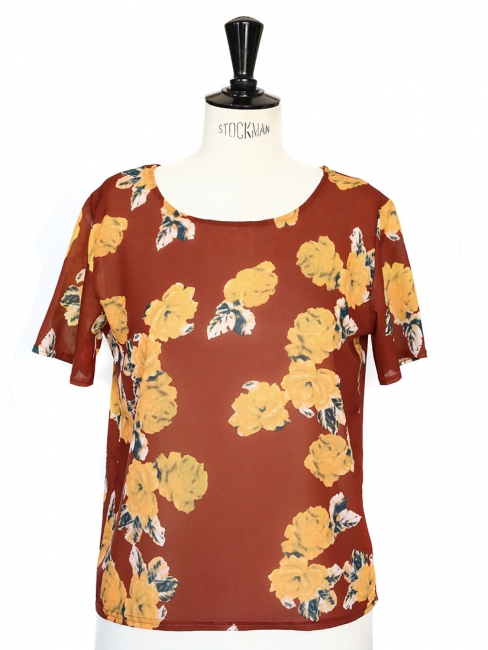 Nutmeg brown and yellow floral printed short sleeved shirt Size 36