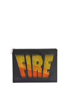 Black leather FIRE zipped clutch NEW Retail price $460