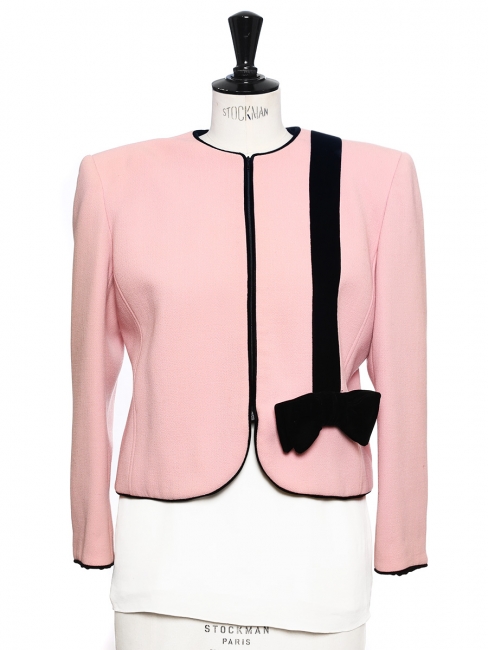 Pink crepe short jacket embellished with black velvet bow Size 38