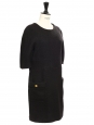 Black wool and mohair blend dress embellished with gold buttons Retail price 1100€ Size XS