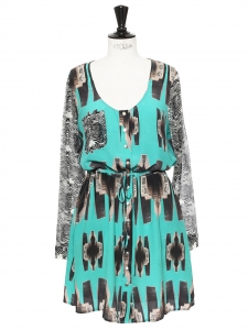 Green and black NAYA printed silk dress Retail price €90 Size 38