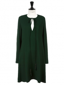 Forest green crepe long sleeves slit front dress with tassels Retail price €1268 Size 38
