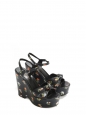 CANDY Flower printed black leather platform wedge sandals Retail price $895 Size 38