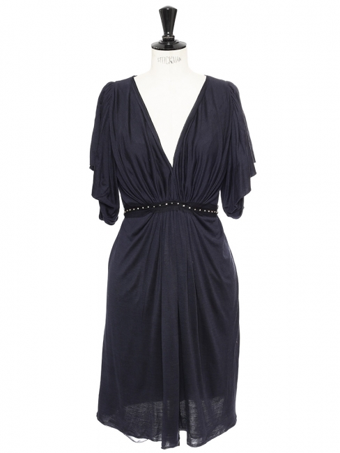 Blue grey silk and wool draped cocktail dress Retail price €2000 Size 38