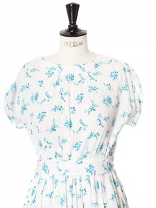 Blue green floral printed white cotton crepe short sleeves round neck dress Size 36