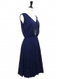 Navy blue cotton sleeveless dress embroidered with white beads Retail price €800 Size 34