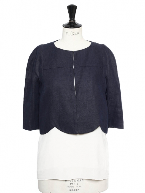 Navy blue linen touch short bolero jacket Retail price €1100 Size 36