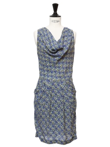Green, blue and yellow printed silk sleeveless dress Retail price €275 Size 34