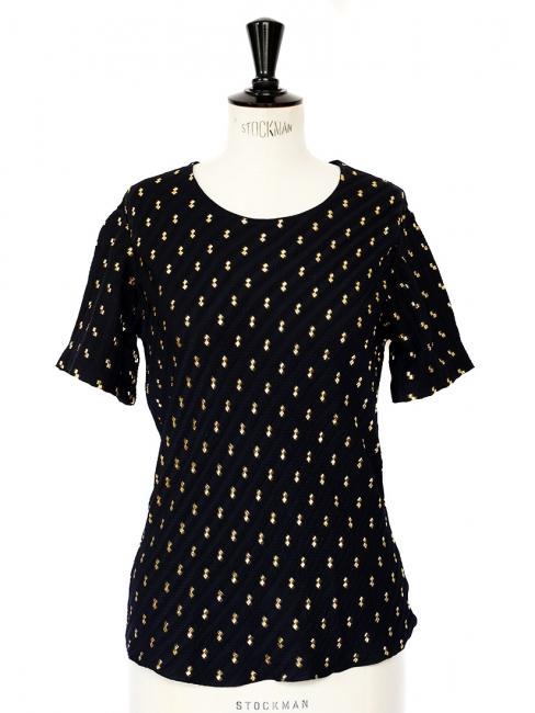 T-shirt en soie à chevrons noir brodé de fils dorés Px boutique 750€ Taille 34