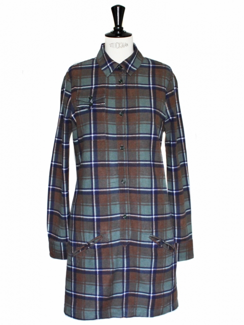 Robe manches longues en coton à carreaux bleu vert et marron NEUVE Px boutique 250€ Taille 38