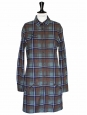 Long sleeves blue brown and mint green checked wool dress Size 38