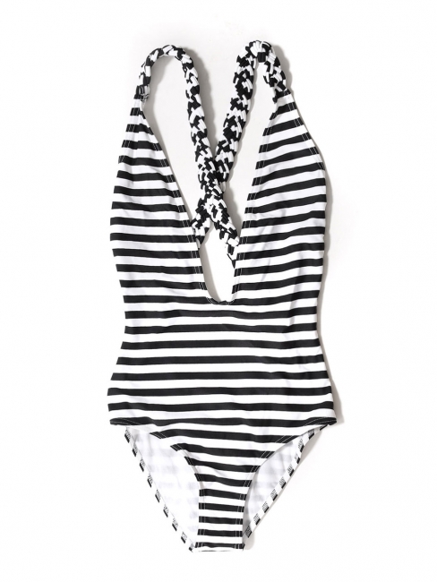 White and black striped open back and braided straps one piece swimsuit Size 38