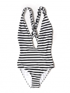 White and black striped open back and braided straps one piece swimsuit Size 38