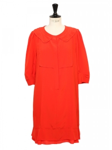 Bright red silk short sleeves peter pan collar Couture dress Retail price €1500 Size 40