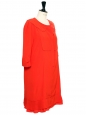 Bright red silk short sleeves peter pan collar Couture dress Retail price €1500 Size 40