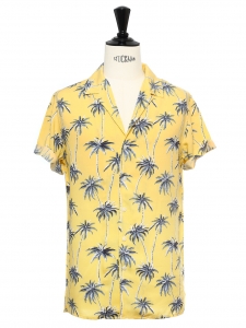 Yellow cotton printed with blue palm trees short sleeved Hawaiian shirt Size M