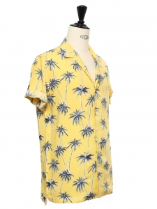 Yellow cotton printed with blue palm trees short sleeved Hawaiian shirt Size M