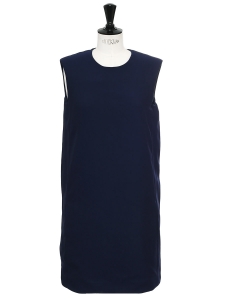 Navy blue sleeveless round neck sheath dress Retail price €1000 Size 36