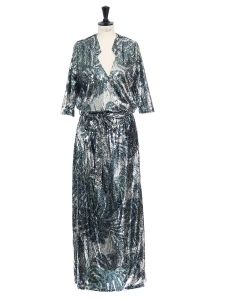 JELINA exotic green blue and silver sequin embroidered evening maxi dress Retail price €295 Size 34