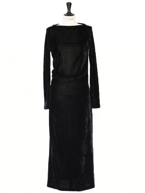 Black velvet long sleeves draped long dress Retail price €950 Size 36
