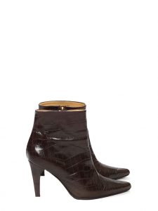 Brown croco embossed pointy toe heeled ankle boots Retail price €600 Size 36.5