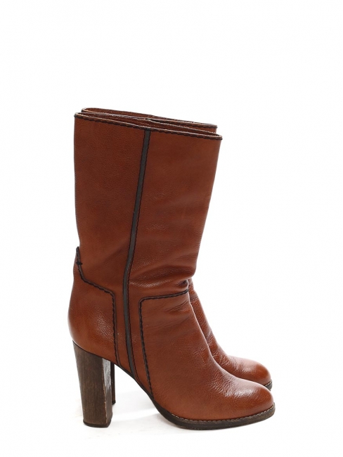 Cognac brown leather boots with wooden heel Retail price €800 Size 39.5