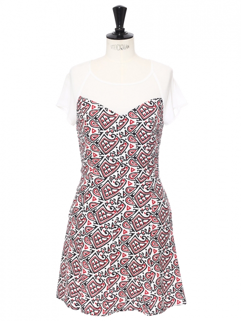 Black red and white printed chiffon short sleeves dress Size 36