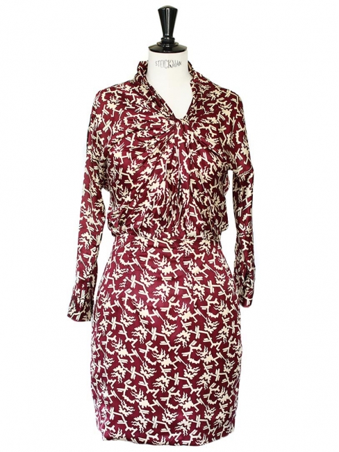 Burgundy red silk with ecru graphic print dress Retail price €450 Size 36