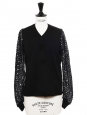 Black merino wool V neck sweater with eyelet crochet lace sleeves Retail price €850 Size 38