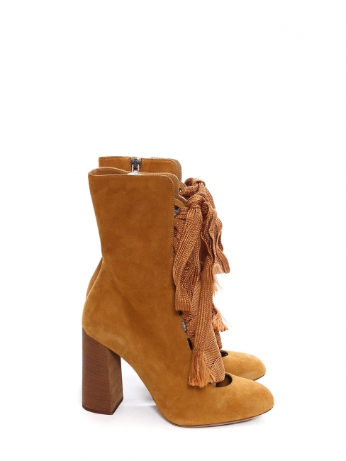 HARPER Tan brown suede leather wooden heel lace up boots Retail price €910 Size 39