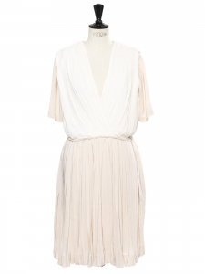 Ivory white and beige pink pleated silk short sleeve dress Retail price €1790 Size 38