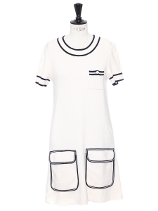 White wool knitted short sleeves dress with navy trimming Retail price €950 Size M